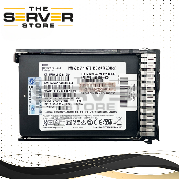 HPE 1.92TB SATA 6G RI SFF SC 2.5" SSD PM863 817085-001 816919-B21 (100% Health)