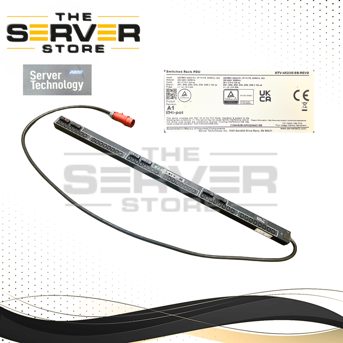 Server Technology PRO2 Switched 0U Vertical 3-Phase Wye PDU with PIPS, 240V/415V 24A Continuous (32A Max) Input, IEC 60309 3P+N+PE Red Plug, 48x IEC C13 High-Retention Outlets STV-4523G-SB-revD