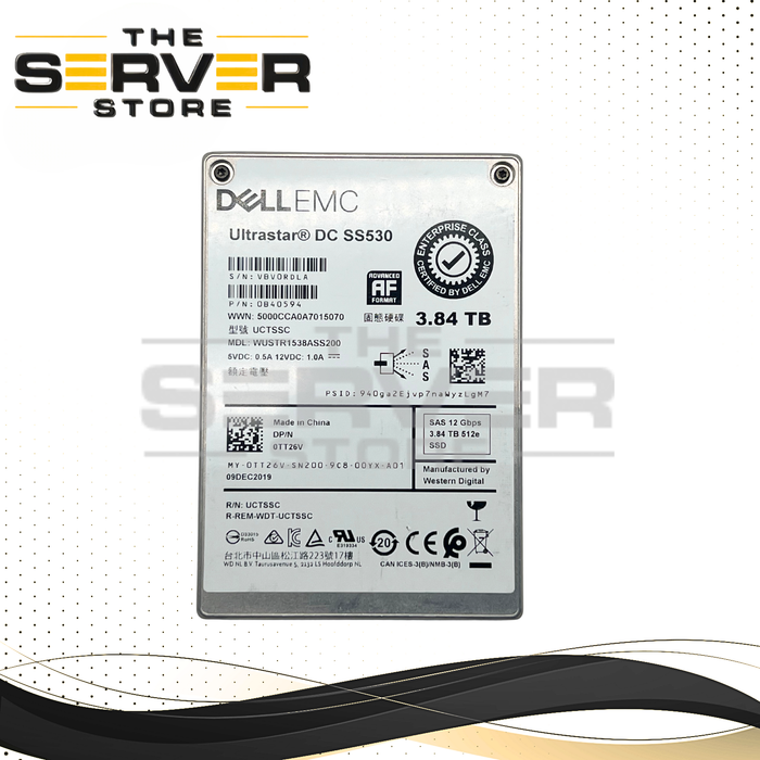 (New Open Box) Western Digital (WD) 3.84TB SAS 12G RI SFF 2.5" 15mm SSD Ultrastar DC SS530 Series WUSTR1538ASS200 (0TT26V)