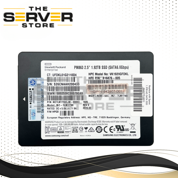 HPE 1.92TB SATA 6G RI SFF 2.5" SSD MZ7LM1T9HCJM-000H3 VK1920GFDKL 816876-005 (100% Health)