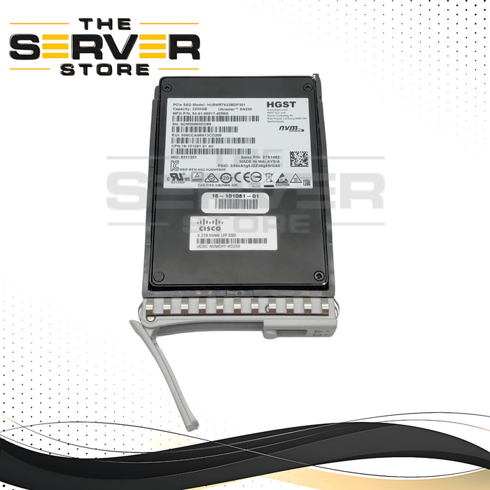 Cisco HGST Ultrastar SN200 3.2TB NVMe PCIe Gen3 x4 U.2 2.5-inch SFF Solid State Drive (SSD) with Cisco Hot-Swap Tray. P/N: UCSC-NVMEHY-H3200.