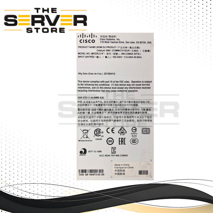 (AS - IS ) Cisco Catalyst 2960-X Series 24-Port Gigabit Ethernet (GigE) Switch with 4x 1 Gigabit SFP Uplink Ports. Front-to-Back Airflow. P/N: WS-C2960X-24TS-L.