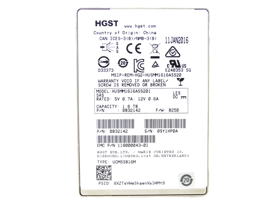 EMC / HGST 1.6TB 12Gbps 12G SAS 2.5'' SFF SSD Solid State Drive (118000043-01)