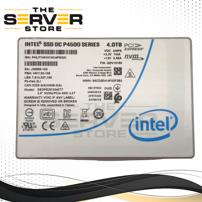 Intel DC P4500 4TB NVMe 2.5-inch U.2 3D TLC Solid State Drive (SSD) P/N: SSDPE2KX040T7.